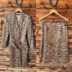 ANNE KLEIN | 100% Silk Leopard Print Women's Skirt & Belted Jacket Set 10P Y2K